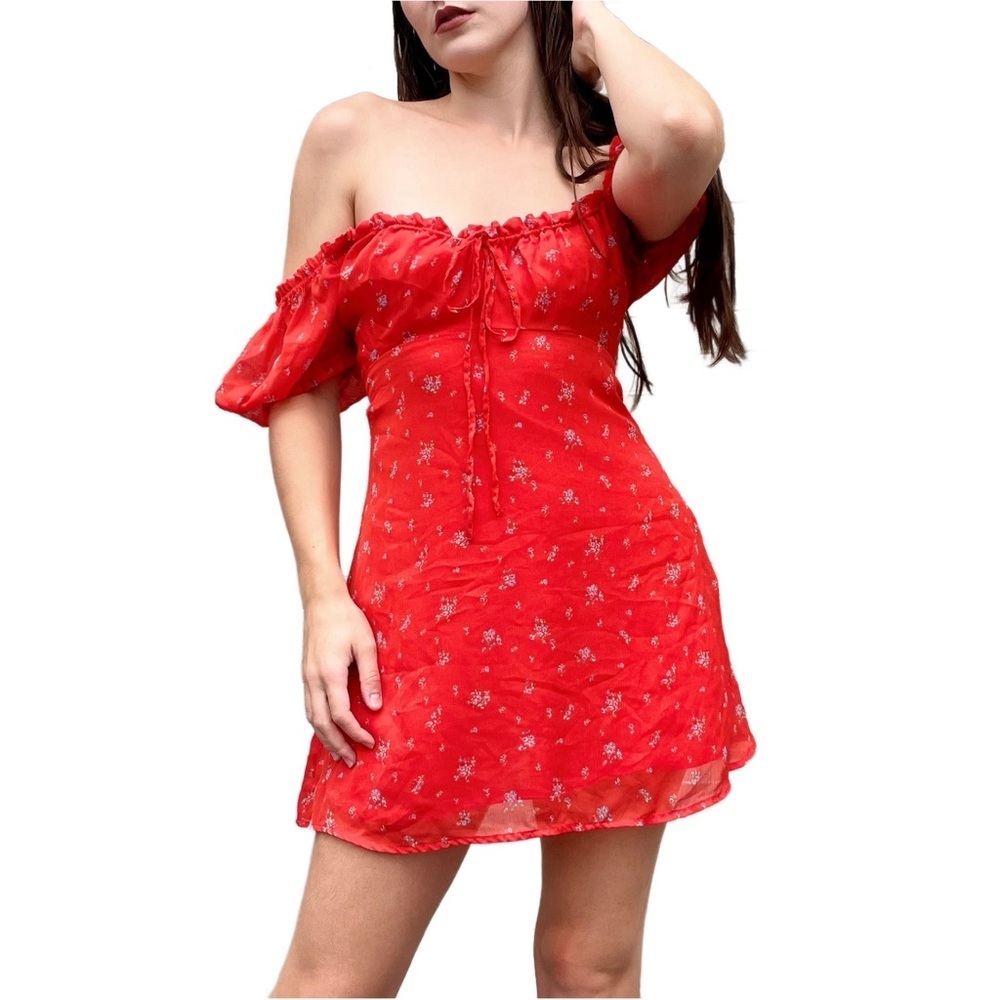 Urban Outfitters Red Ditsy Floral Milkmaid Puff Sleeve Cottagecore Mini Dress L